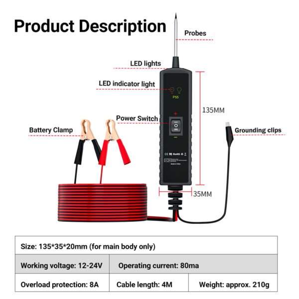 P55 Automotive Electrical Circuit Tester Probe Automotive Circuit Tester Electrical System Diagnosis 12-24V - Image 2
