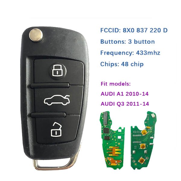 3 Buttons 433MHz Remote Car Key for Audi A1 Q3 48 Chip 8X0 837 220D Original Factory Program - Image 4