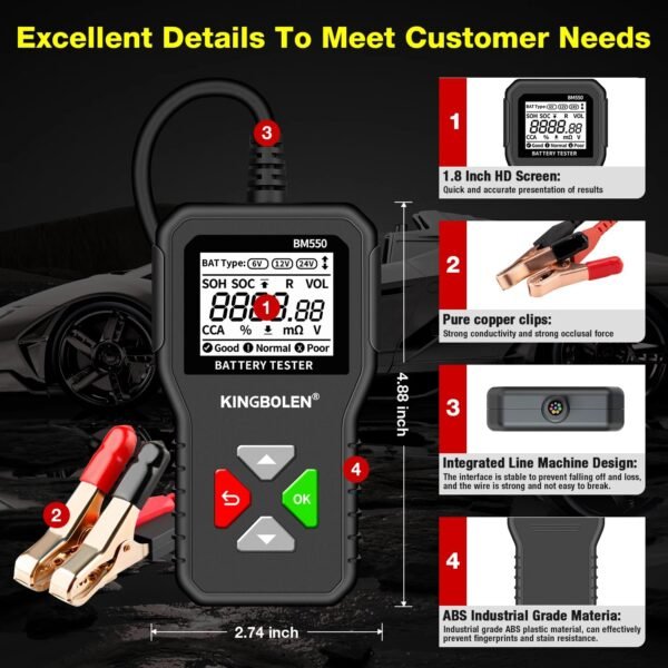 KINGBOLEN BM550 Battery Tester 6V 12V 24V Multifunctional Intelligent Digital Display Auto and Motorcycle Battery Detector - Image 5