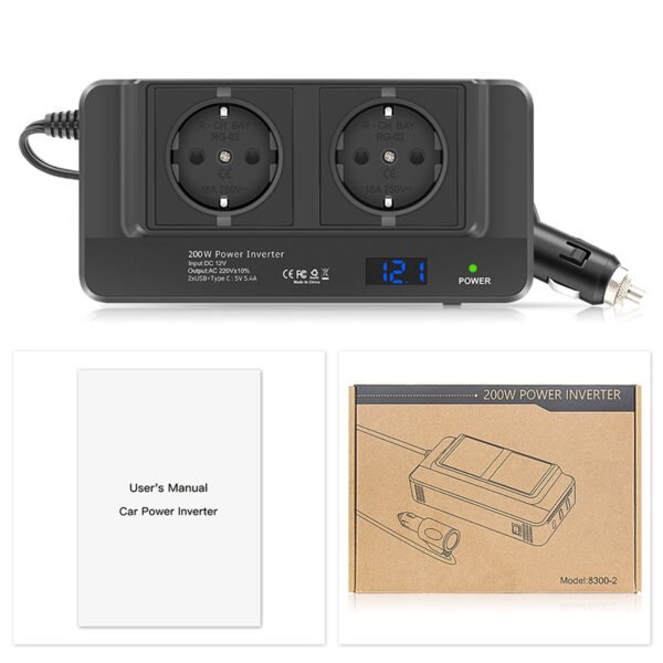 200W Car Power Inverter with USB+Type-C Ports