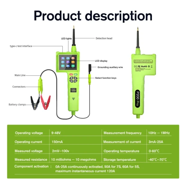 JDiag P200 Pro Smart Hook Master Edition Car Circuit Tester 9-48V Automotive Power Probe Electrical System Tester - Image 3