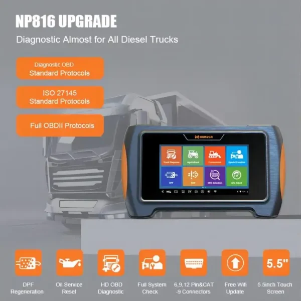 Humzor NP816 Obd2 Scanner All System 17+ Reset Function Truck Scanner Heavy Duty Diagnostic Tool - Image 2