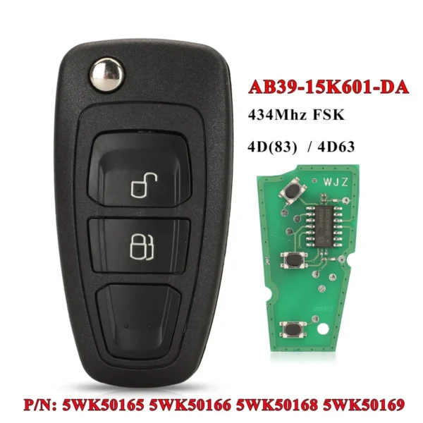 2 Button 434Mhz 4D63 Remote Flip Car Key For Ford Ranger C-Max Focus Grand C-Max Mondeo 5WK50165 5WK50166 5WK50168 5WK50169