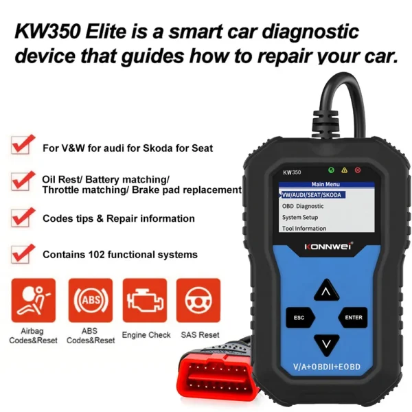 KONNWEI KW350 OBD2 VAG Code Reader All system Diagnosis Oil EPB TPMS Reset for OBD Car VW Audi Sokda Seat Diagnostic Scan Tools - Image 4