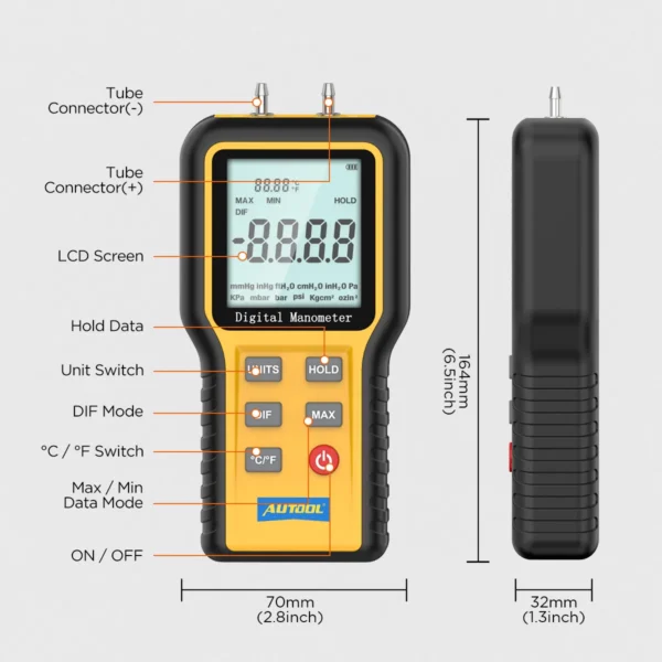 AUTOOL Digital Differential Manometer Hand-held Air Pressure Gauge Negative Vacuum Press Gauge Meter Monitoring Manometro 512A - Image 5