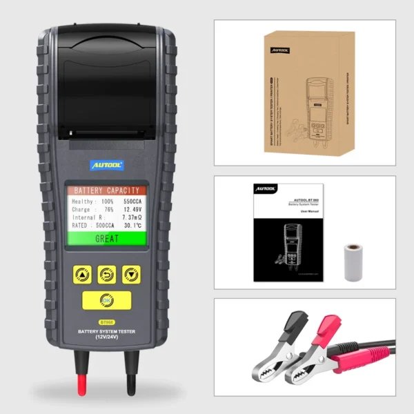 AUTOOL BT860 12- 24V Car Battery Tester with Printer & Real Time Temperature Monitoring 3.2inch Color Screen Battery Tester Tool - Image 2