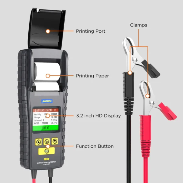AUTOOL BT860 12- 24V Car Battery Tester with Printer & Real Time Temperature Monitoring 3.2inch Color Screen Battery Tester Tool - Image 3