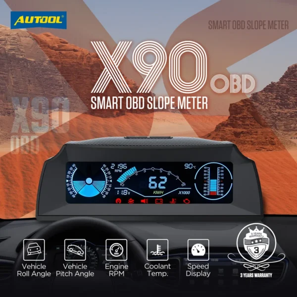 AUTOOL X90 GPS/OBD2 Speed PMH KMH Slope Meter Inclinometer Car Compass HUD Pitch Tilt Angle Protractor Clock Latitude Longitude - Image 2