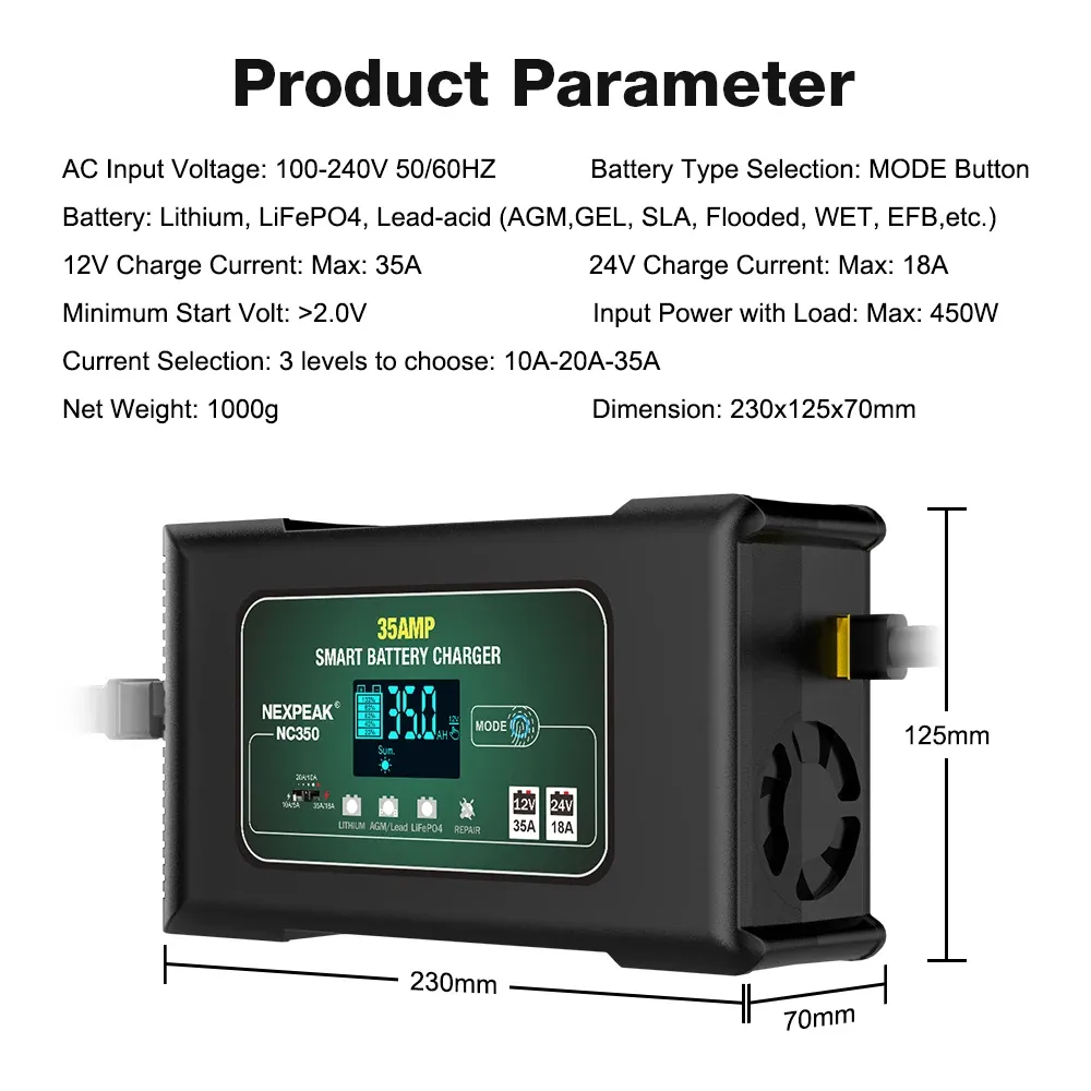 NEXPEAK NC350 Car Battery Charger 35A 12V 24V For Truck Motorcycle Fully Automatic Fast charging Automotive Battery Chargers - Image 2